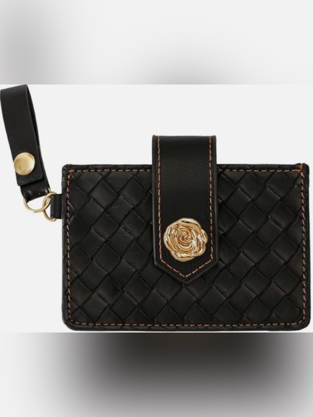 RFID Credit Card Holder Wallet Black Woven Wristlet Card Case Rose Snap RFID Blo